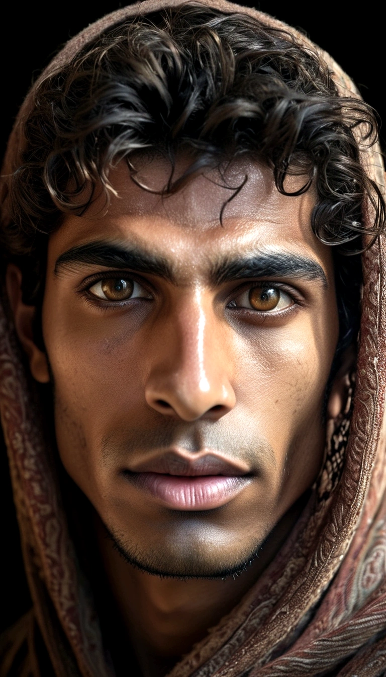 a photorealistic portrait of a stunningly beautiful young man without make-up, extremely detailed light honey eyes, light dark skin, arabic look, detailed symmetric realistic face, natural skin texture, extremely detailed skin with skin pores, peach fuzz, messy black hair, wearing shawl over his head, masterpiece, absurdres, award winning photo by lee jeffries, nikon d850 film stock photograph, kodak portra 400 camera f1.6 lens, extremely detailed, amazing, fine detail, rich colors, hyper realistic lifelike texture, dramatic lighting, unrealengine, trending on artstation, cinestill 800 tungsten, looking at the viewer, photo realistic, RAW photo, TanvirTamim, high quality, highres, sharp focus, extremely detailed, cinematic lighting, 8k uhd