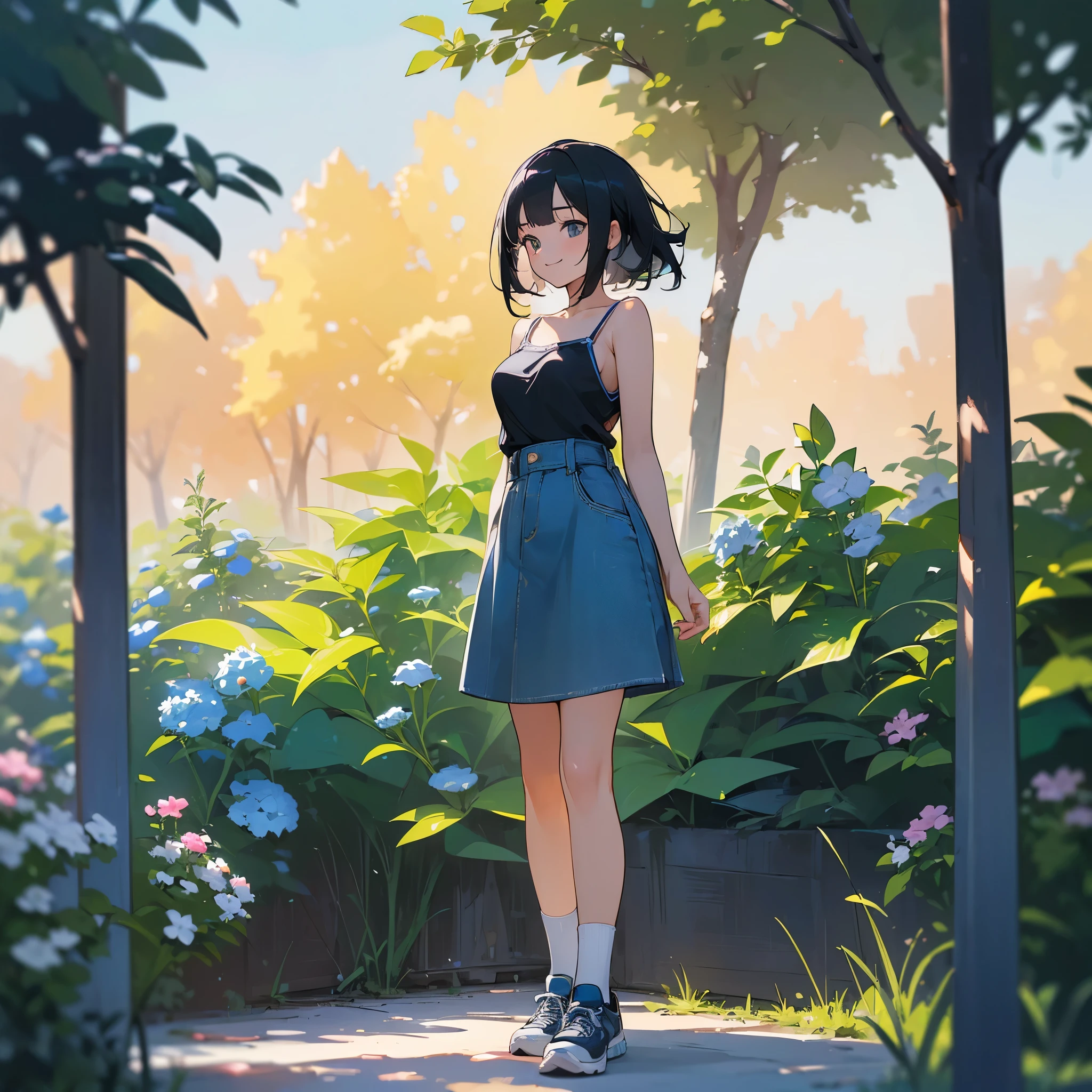 (high quality, High resolution, Very detailed, reality:1.37), Peaceful atmosphere, (Outdoor, garden), age girl standing alone, (my breasts are big.), Beautiful details, Cute Smile, (Black bob hair), camisole, Denim skirt, Blue socks, sneakers.