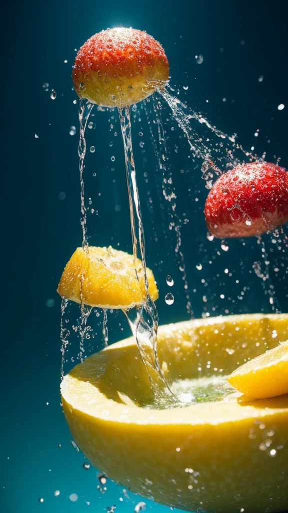 Summer Dream,The faucet washes the fruit in the sink,Dreamy lighting,The scattered water drops float in the air and sparkle in the sun,HD,Details,Best quality