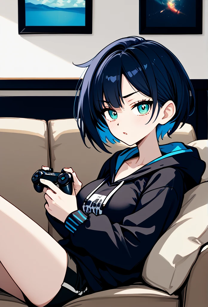 mature woman, tomboy, hot face, excited expression, (sharp eyes), cyan eyes, (short hair, pixie hairstyle, dark blue hair, dark hair), (fit body, mature body), big breast, short pants, hot pants, sweatshirt, (living room, normal living room), sitting on the couch, close up view, holding viewer's hand, playful smirk, playful eyes), (holding game controller), side view
