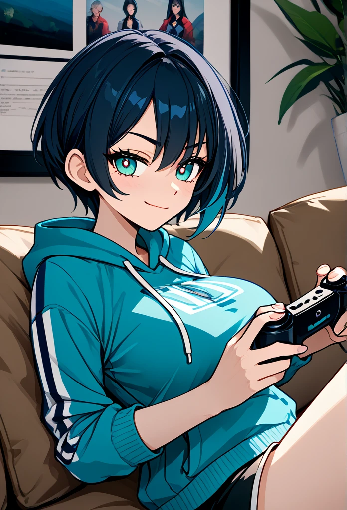 mature woman, tomboy, hot face, excited expression, (sharp eyes), cyan eyes, (short hair, pixie hairstyle, dark blue hair, dark hair), (fit body, mature body), big breast, short pants, hot pants, sweatshirt, (living room, normal living room), sitting on the couch, close up view, holding viewer's hand, playful smirk, playful eyes), (holding game controller), side view