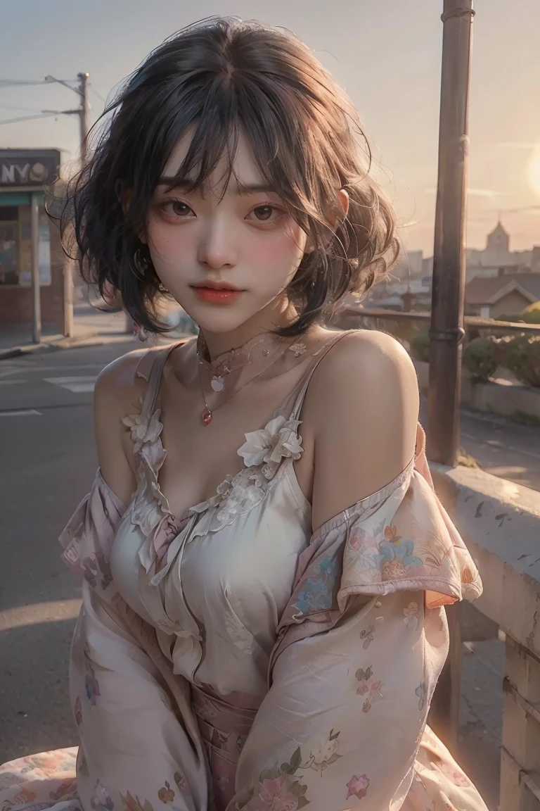((Masterpiece)), ((High detail)), photography of，real photograph，((Masterpiece)), (((Best quality))), ((Ultra-detailed)), ((illustration)),[realism light effect],black shadows, (semi-realistic style) colorful, Peach Fuzz colors，enamel，agates，A flesh-colored world，cute young short hair girl chilling around the city, the sky are blue and very happy joyful day, she is wearin，Distant horizon，Sunset afterglow，((entire character)),hurricane，It was very windy，Big wind，It was very windy，Photos taken with a professional photography camera，Incredibly realistic textures,(1 girl away from the camera:1.2),