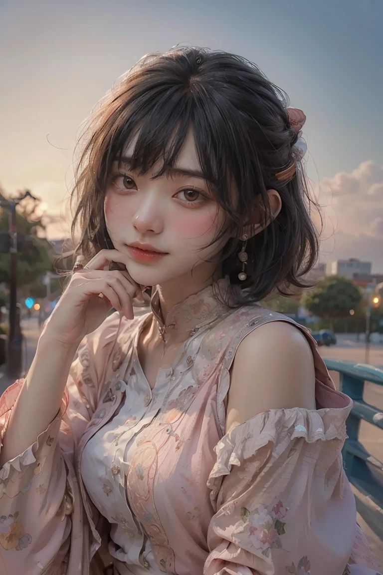 ((Masterpiece)), ((High detail)), photography of，real photograph，((Masterpiece)), (((Best quality))), ((Ultra-detailed)), ((illustration)),[realism light effect],black shadows, (semi-realistic style) colorful, Peach Fuzz colors，enamel，agates，A flesh-colored world，cute young short hair girl chilling around the city, the sky are blue and very happy joyful day, she is wearin，Distant horizon，Sunset afterglow，((entire character)),hurricane，It was very windy，Big wind，It was very windy，Photos taken with a professional photography camera，Incredibly realistic textures,(1 girl away from the camera:1.2),