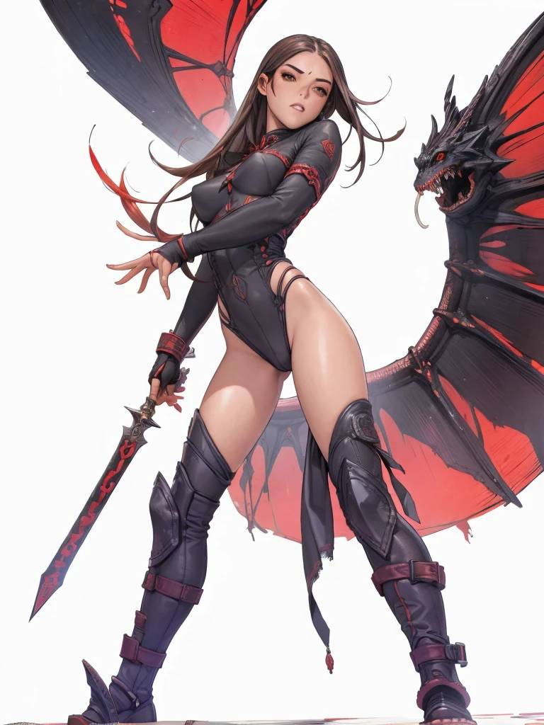 (((red checkered pattern, branco e preto))), The most powerful girl on the planet with an aggressive evil dragon outfit, arms with scale textures, fogo saindo dos cabelos longos, dragon claws for hands. Agilidade, pose de lutadora, expression of hatred on the face, melhor qualidade, high resolution, action pose, corpo inteiro, cabelo vermelho