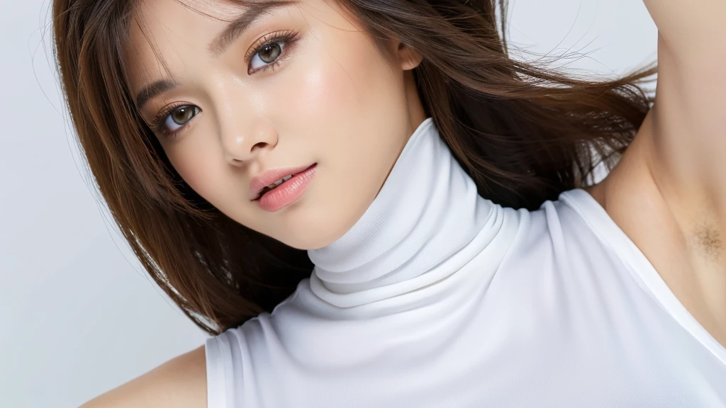 (detailed face),VIVID,breasts,pretty,sleeveless and turtle neck white silky clothes,4k ,super high resolution ,(photo-realistic: 1.7),white background,long hair,