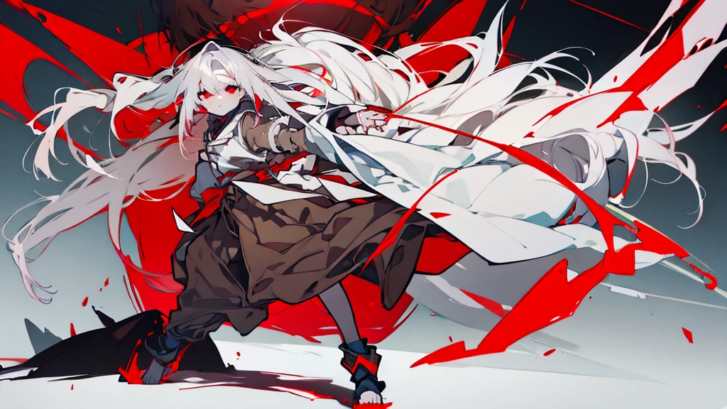 anime, a girl with long white hair and red eyes, white hair, white hair deity, girl with white hair, white hair, perfect white hair girl, white hair lady, female anime character, Hajime Yatate, dark yandere portrait, anime girl, anime look of a beautiful girl, anime character, shikami, red eyes, red eyes, red eyes, red eyes, red eyes, , , , image showing full body, image showing full body, image showing full body, image showing full body, brown beggar clothes, brown beggar clothes, brown beggar clothes, brown beggar clothes, brown beggar clothes