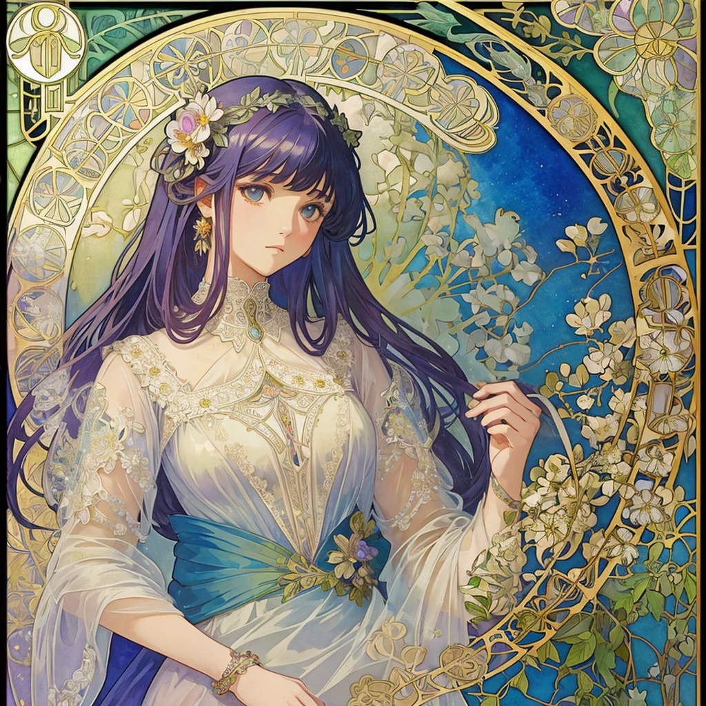 (((1 girl ))), masterpiece, highest quality, beautifully、aesthetic: 1.2, gem, Quality lace, Detailed frame, Flowers, leaf, A beautiful girl fits into the frame, (Alphonse Mucha Style), Transparent and beautiful stained glass background, watercolor hair, Jewelry, hair ornaments, platinum, from front