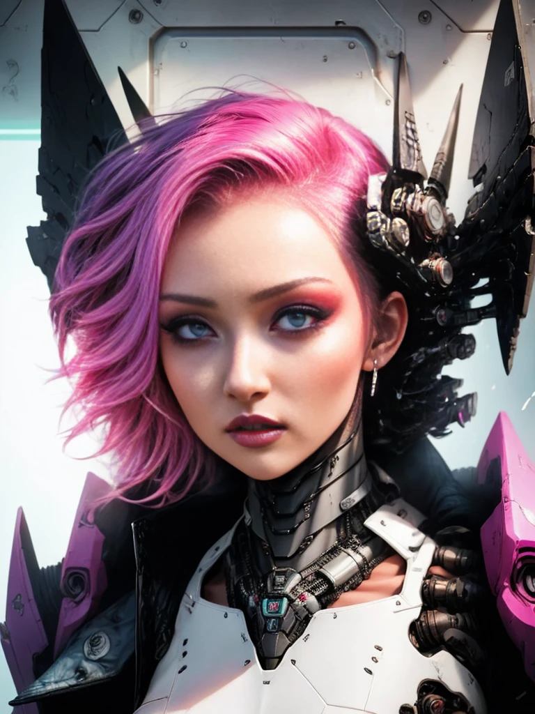 a cute 18-year-old cyberpunk girl, detailed eyes, detailed lips, extremely detailed face, long eyelashes, beautiful detailed facial features, fancy makeup, shapeless punk hair, punk fashion, mecha armor, pink hair, red hair, purple hair, multicolor hair, tattoos, cyberpunk city streets background, backlight effect, depth of field, slightly blurry background, best quality, 8k, 32k, masterpiece, photorealistic:1.4