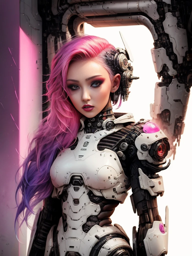 a cute 18-year-old cyberpunk girl, detailed eyes, detailed lips, extremely detailed face, long eyelashes, beautiful detailed facial features, fancy makeup, shapeless punk hair, punk fashion, mecha armor, pink hair, red hair, purple hair, multicolor hair, tattoos, cyberpunk city streets background, backlight effect, depth of field, slightly blurry background, best quality, 8k, 32k, masterpiece, photorealistic:1.4