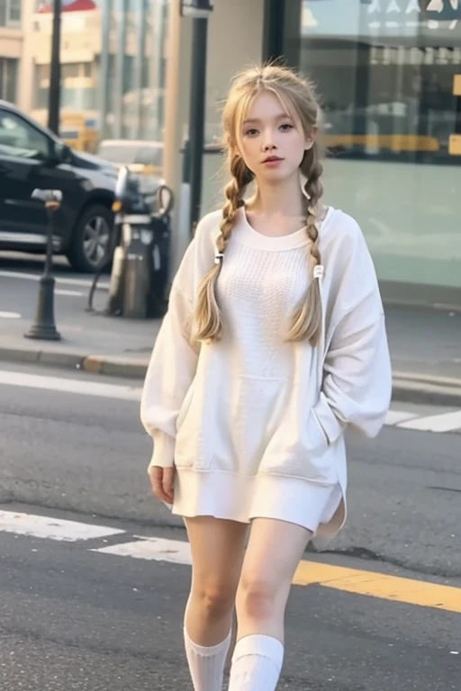 1girl, pigtails, blonde hair, long socks, white stockings, short white dress, walking, slums, poor streets, masterpiece, realistic, (best quality,4k,8k,highres,masterpiece:1.2),ultra-detailed,(realistic,photorealistic,photo-realistic:1.37),extremely detailed eyes and face, beautiful detailed eyes, beautiful detailed lips, longeyelashes, soft lighting, warm colors, vibrant colors, full body shot