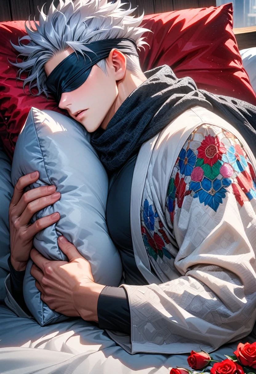 Ultra detailed, highres, absurdres, HDR, master piece, Gojou Satoru, white hair, blindfolded eyes, black scarf with patterns, white haori, Jujutsu Kaisen, fantasy, red sheets, lying down on a bed, roses, handsome, sexy man, solo, magical, best quality, extremely detailed face, black tight shirt, toned chest, hugging a pillow