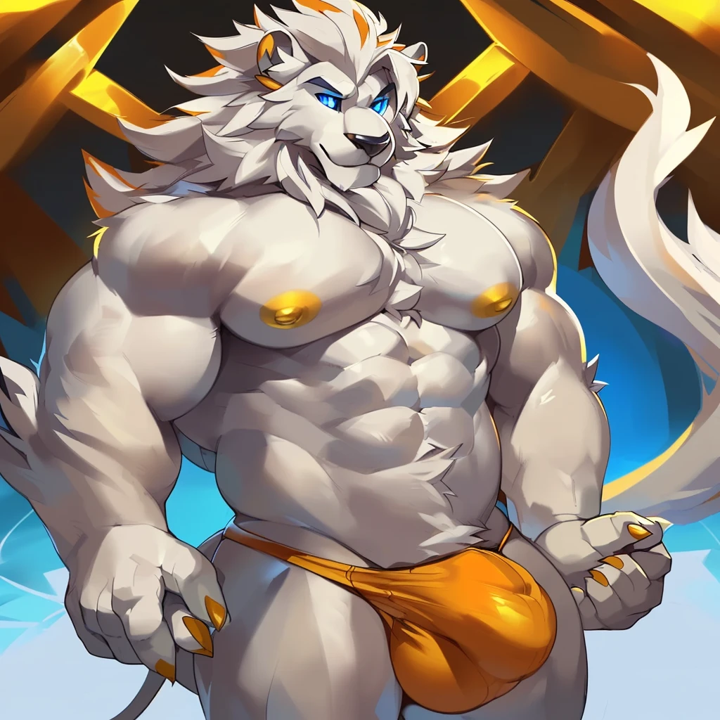 Solo, Anthro, male (((solgaleo, lion, blue sclera, muscular, big pecs, abs, yellow nipples, white fur, grey body, black nose, multicolored body, multicolored fur, multicolored mane, white mane, mane, grey pecs, grey chest, grey abdomen, white arms, white legs, 5 fingers, tail, white tail, yellow tipped tail, markings, orange tipped mane, orange speedo, big bulge))) standing, pokemorph, biped ((focus grey abdomen, focus solgaleo, focus grey chest)) full body, perfect anatomy, by darkgem, by mystikfox61, by glitter trap boy
