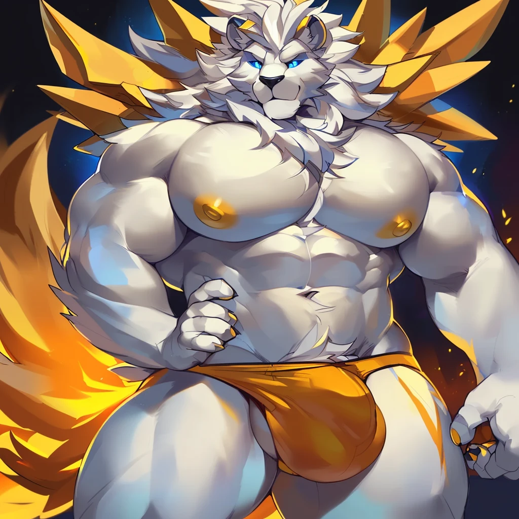 Solo, Anthro, male (((solgaleo, lion, blue sclera, muscular, big pecs, abs, yellow nipples, white fur, grey body, black nose, multicolored body, multicolored fur, multicolored mane, white mane, mane, grey pecs, grey chest, grey abdomen, white arms, white legs, 5 fingers, tail, white tail, yellow tipped tail, markings, orange tipped mane, orange speedo, big bulge))) standing, pokemorph, biped ((focus grey abdomen, focus solgaleo, focus grey chest)) full body, perfect anatomy, by darkgem, by mystikfox61, by glitter trap boy