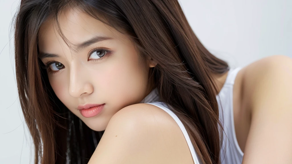 (detailed face),VIVID,breasts,pretty,sleeveless and turtle neck white silky clothes,4k ,super high resolution ,(photo-realistic: 1.7),white background,long hair,
