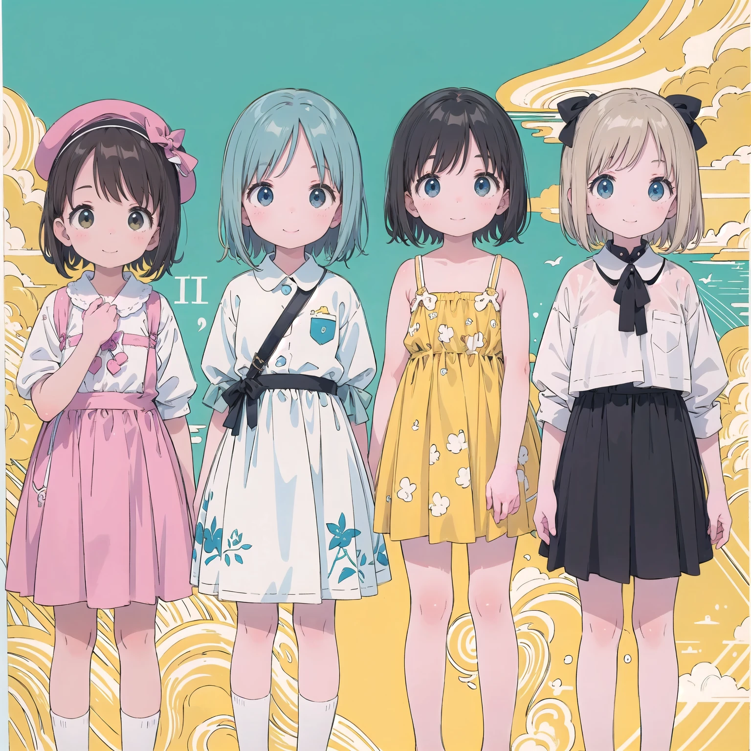 finely detailed illustration, best quality, masterpiece, vibrant color,8--old、tty girl、Race、Happy smile、Beautiful background, Four Girls,