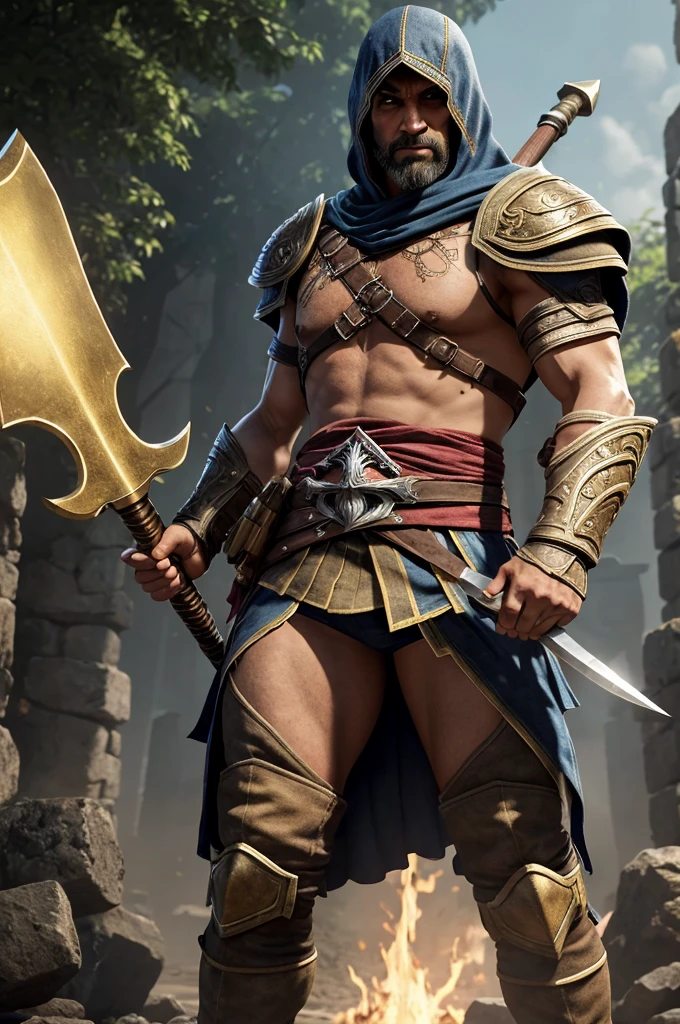 The god of the sun and darkness (posing holding a sword covered in an aura of darkness and the sun with long hair Dashing man 