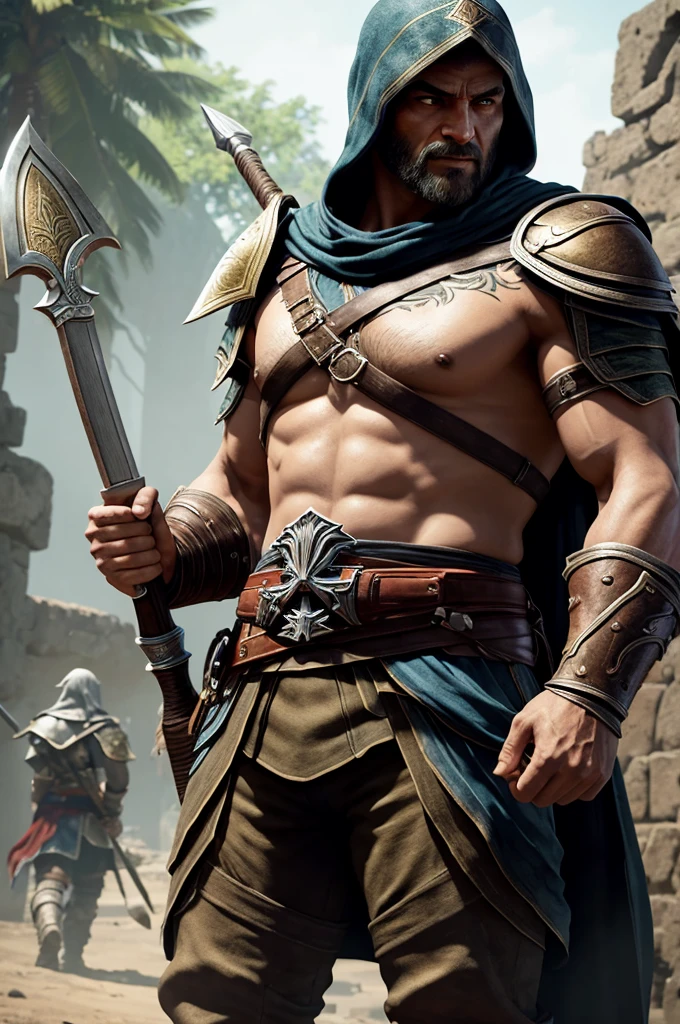 crie uma mulher, 1,78 de altura, medium thighs, medium breasts, pele parda, roupas pretas estilo assasin's creed, , olhos vermelhos, cabelos pretos, golden armlets, some golden lines around the forearms, algumas tatuagens tribais em volta das coxas, holding a glowing battle ax in his hands, olhando para mim com olhar timido, background lua cheia a noite obra prima, qualidade impecavel, HDR, cinematica, Ray Tracing