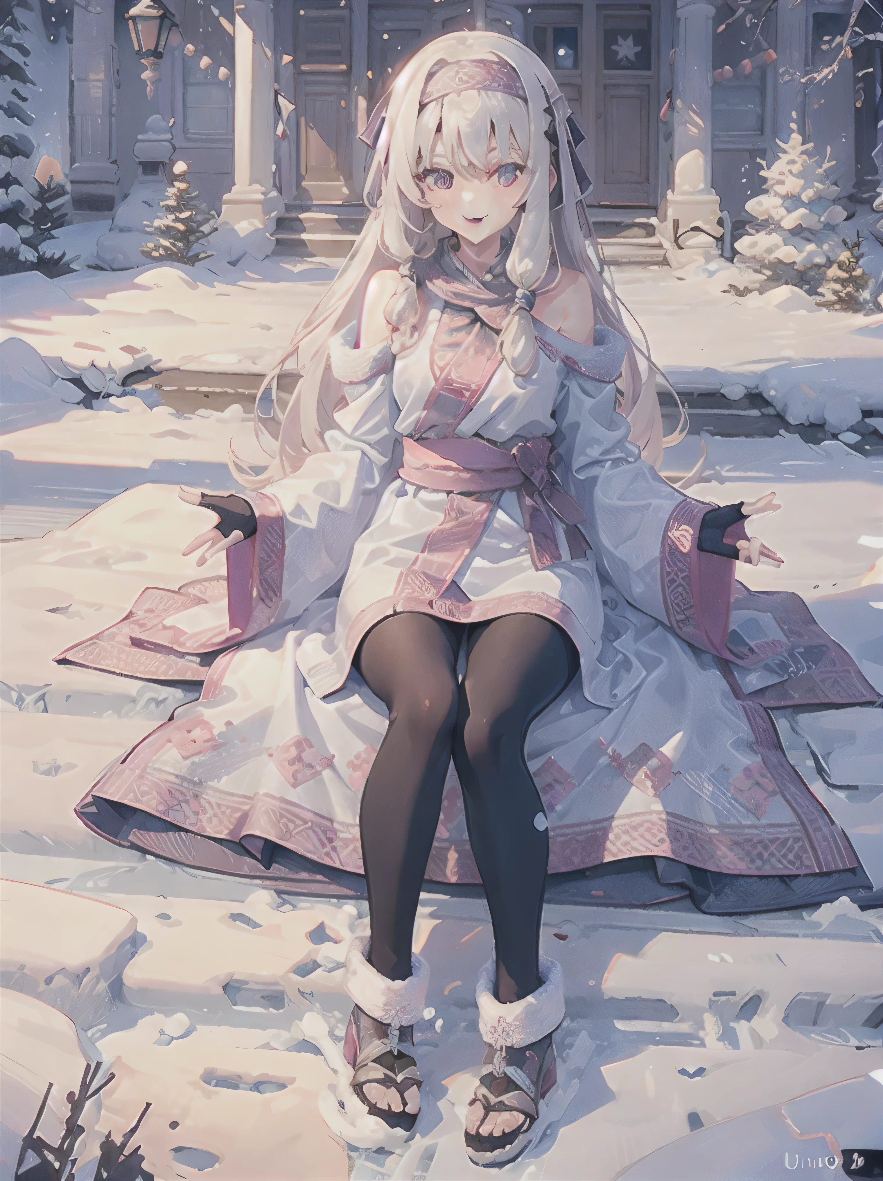 Uhd, absurdres, 5k, masterpiece, best quality, 1girl, alone, solo, sitonai, platinum blonde hair, ainu clothes, long sleeves, fingerless gloves, wide sleeves, off shoulders, black leggings, blush, light smile, outside, playing in the snow, winter