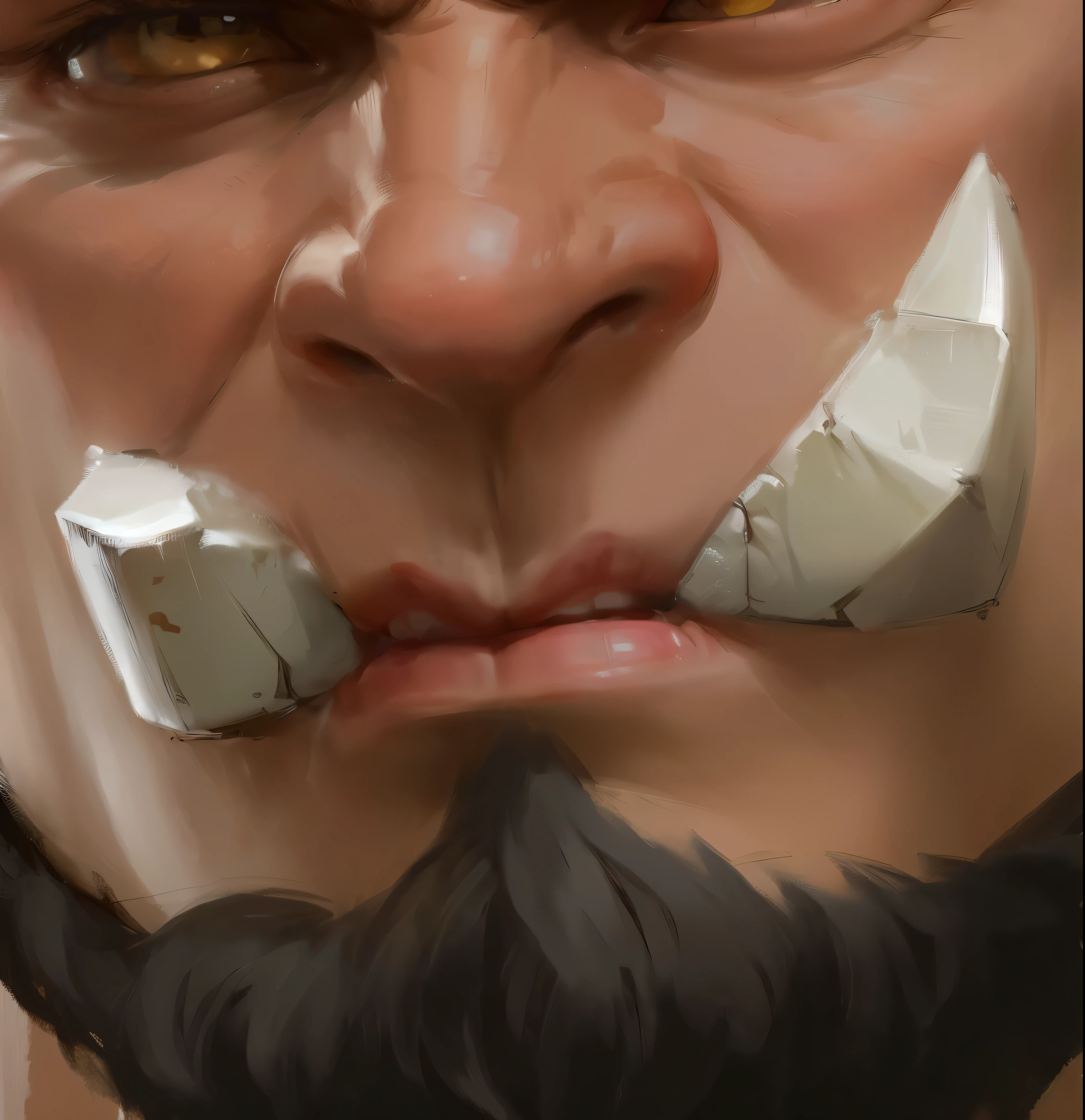 Super muscular boar beastman,Wear a uniform,Blindfold,A desperate and painful look,Mouth wide open with tongue sticking out,Getting cumshot in the face by some guys,(Surrounded by huge, red and black erect penises),(A large amount of semen all over the face:1.3),Head grabbed,mouth opener gag