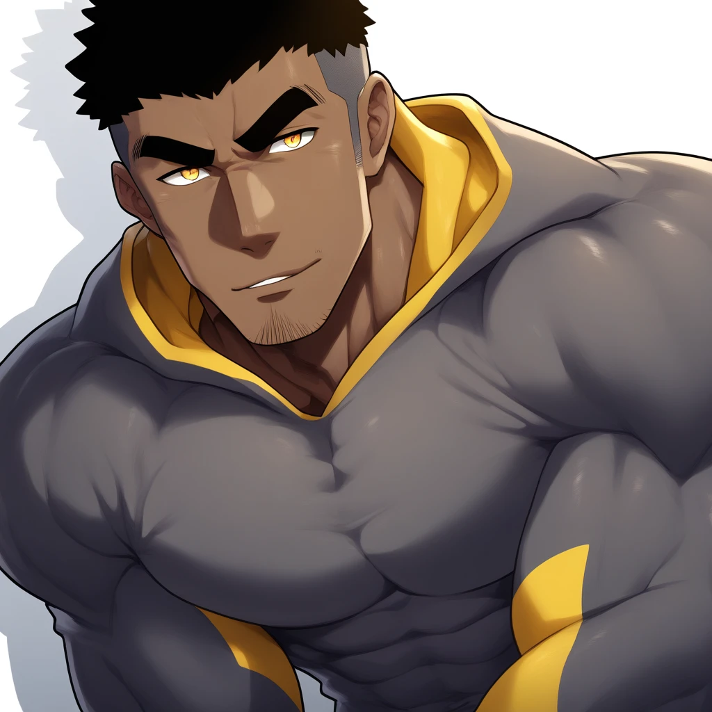 negro, negro, negro, anime characters:Gyee, Muscle Sports Student, negro black skin, 1 muscular tough guy, Manliness, male focus, Dark grey and Yellow long sleeve tights, Very tight, The pectoral muscles are oversized, Slightly transparent, muscular male, muscular, only, Upper body, alone, Black short hair, Thick eyebrows, stubble, Yellow eyes, White background, simple background, amazing quality, best aesthetics, Ridiculous, bright pupils, crew cut, parted lips, seductive smile, torogao, naughty face, drop shadow, best quality