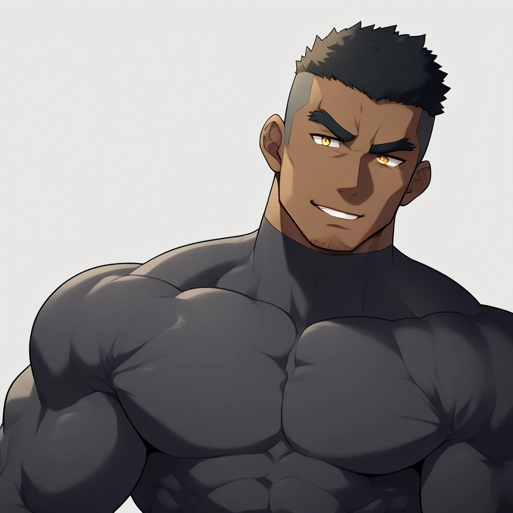 negro, negro, negro, anime characters：Gyee, Muscle Sports Student, negro black skin, 1 muscular tough guy, Manliness, male focus, Dark grey and Yellow long sleeve tights, Very tight, The pectoral muscles are oversized, Slightly transparent, muscular male, muscular, only, Upper body, alone, Black short hair, Thick eyebrows, stubble, Yellow eyes, White background, simple background, amazing quality, best aesthetics, Ridiculous, bright pupils, crew cut, parted lips, seductive smile, torogao, naughty face, drop shadow, best quality