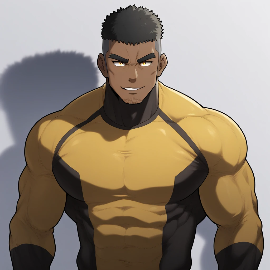 negro, negro, negro, anime characters:Gyee, Muscle Sports Student, negro black skin, 1 muscular tough guy, Manliness, male focus, Dark grey and Yellow long sleeve tights, Very tight, The pectoral muscles are oversized, Slightly transparent, muscular male, muscular, only, Upper body, alone, Black short hair, Thick eyebrows, stubble, Yellow eyes, White background, simple background, amazing quality, best aesthetics, Ridiculous, bright pupils, crew cut, parted lips, seductive smile, torogao, naughty face, drop shadow, best quality
