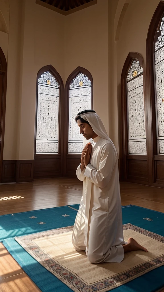 A young Muslim woman kneels on a prayer mat, with her hands raised to the sky and her eyes closed in solemnity. Surrounding it, a serene prayer room with calligraphic decoration and soft light from the windows spills in, creating a spiritual atmosphere. In the background, you can see the silhouette of a majestic mosque with its tower rising high into the blue sky, giving the impression of grandeur and serenity. The expression on his face is full of hope and confidence, capturing a moment of prayer filled with confidence that his prayers will be answered.