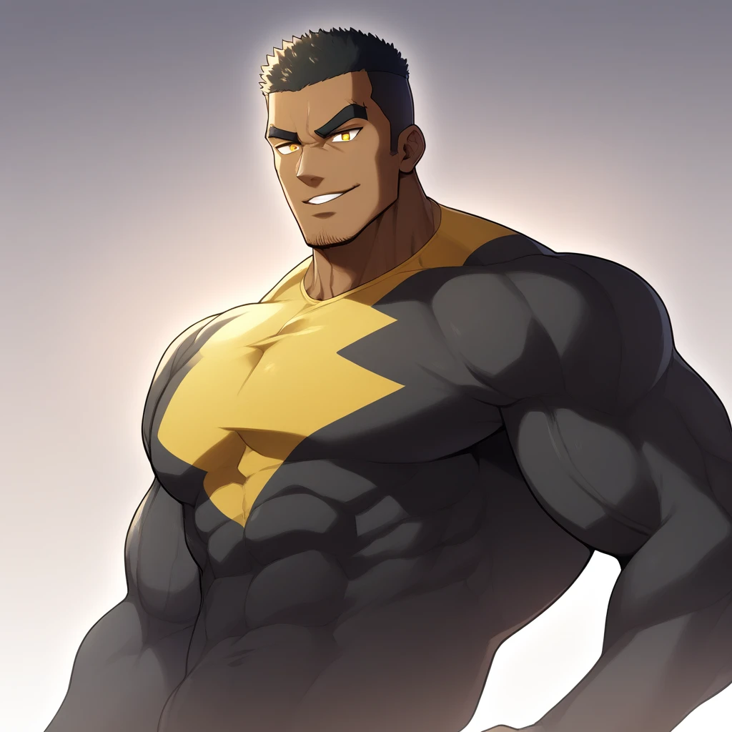negro, negro, negro, anime characters：Gyee, Muscle Sports Student, negro black skin, 1 muscular tough guy, Manliness, male focus, Dark grey and Yellow long sleeve tights, Very tight, The pectoral muscles are oversized, Slightly transparent, muscular male, muscular, only, Upper body, alone, Black short hair, Thick eyebrows, stubble, Yellow eyes, White background, simple background, amazing quality, best aesthetics, Ridiculous, bright pupils, crew cut, parted lips, seductive smile, torogao, naughty face, drop shadow, best quality