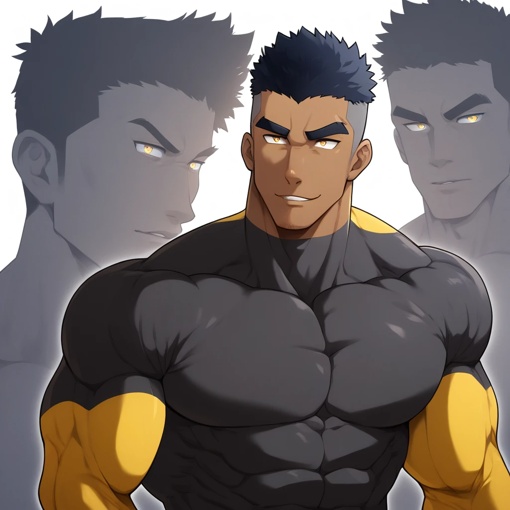 negro, negro, negro, anime characters:Gyee, Muscle Sports Student, negro black skin, 1 muscular tough guy, Manliness, male focus, Dark grey and Yellow long sleeve tights, Very tight, The pectoral muscles are oversized, Slightly transparent, muscular male, muscular, only, Upper body, alone, Black short hair, Thick eyebrows, stubble, Yellow eyes, White background, simple background, amazing quality, best aesthetics, Ridiculous, bright pupils, crew cut, parted lips, seductive smile, torogao, naughty face, drop shadow, best quality