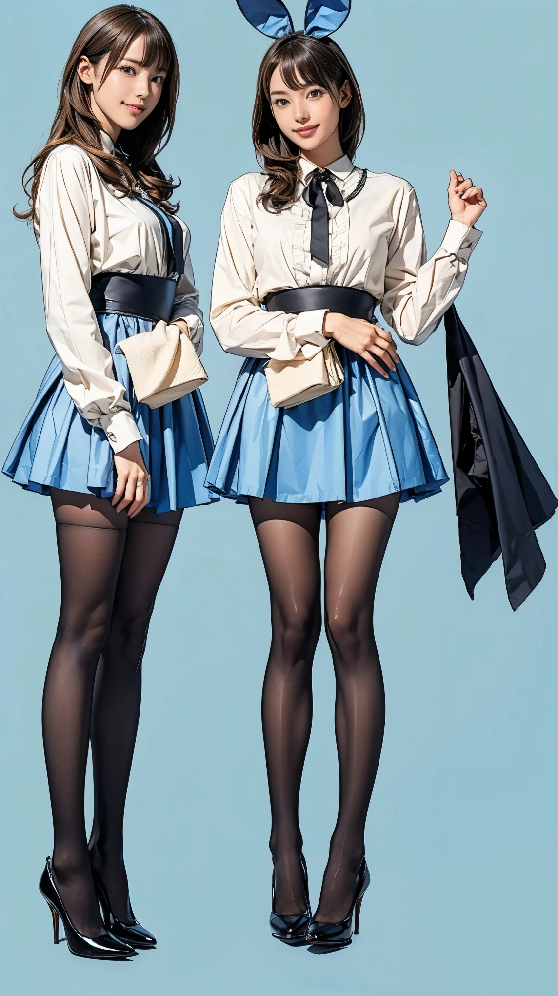 ((masterpiece)),(((Highest quality))),((Character design sheet)),Thin thighs,Long legs,Bunny girl in a light blue maid outfit:1.5,Wearing light blue tights:1.5,The best smile:1.5,Full Body Shot:1.5,Gray background:1.5,Wearing black high heels:1.5,short side waves:1.5,
