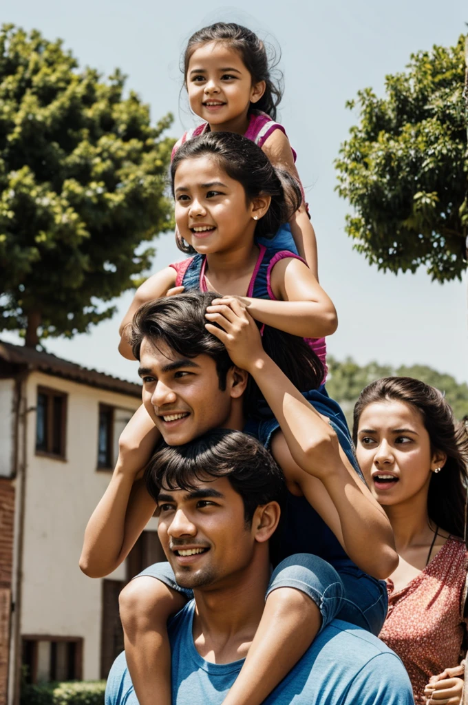 Strong man with woman on shoulders and two girls