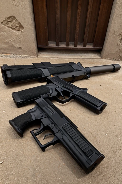 Muchas armas tipo militar como pistolas granadas cuchillos