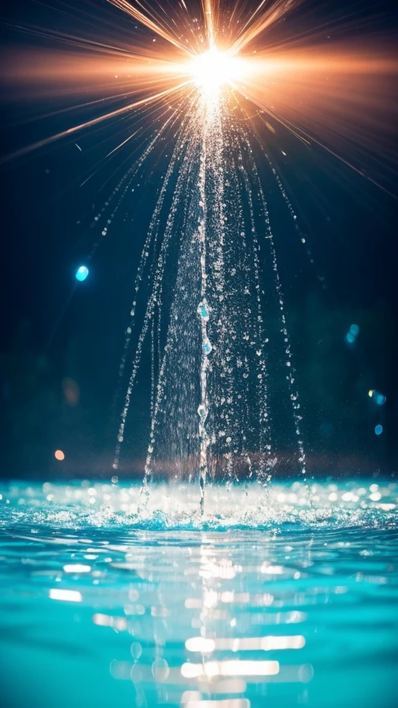 Summer Dream,Water sprays out from all sides to wash the fruit in the center of the pool.,Dreamy lighting,The scattered water drops float in the air and sparkle in the sun,HD,Details,Best quality