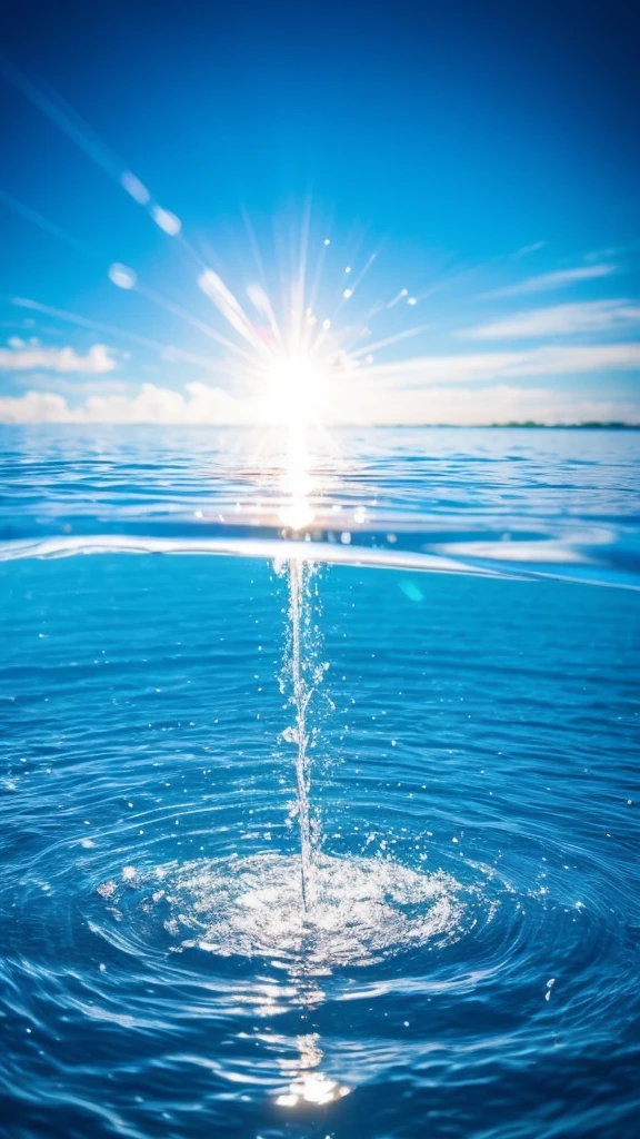 Summer Dream，Water sprays out from all sides to wash the fruit in the center of the pool.，Dreamy lighting，The scattered water drops float in the air and sparkle in the sun，HD，Details，Best quality