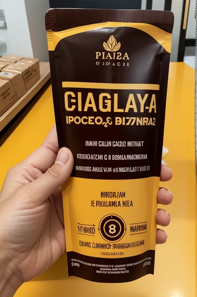Quero criar uma embalagem de produto, the name of the product is A2 Chocolate, integral. A embalagem tem 200ML, com o Logo da Piracanjuba, e o Nome SENAI amarelo e de lado na embalagem, com frase de efeito mais sabor e nutrientes na frente, and the packaging tones are black, marrom e prata