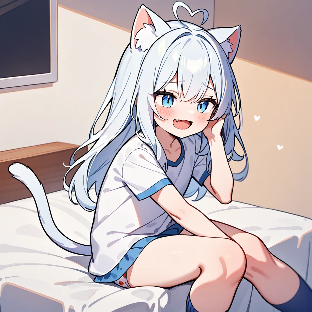 （masterpiece：1.2，high quality），8K，High resolution，A seven-year-old girl，cute girl，white hair，long hair，light blue eyes，slit pupils，heart ahoge，cat ears，laughing，skin fang，Wearing a white shirt，no shorts，Strawberry pattern panties，Sitting on the bed，There are flowering trees on both sides.，primary school student，thigh，Calf，Blue socks，cat tail，alone，Put your hands behind your head