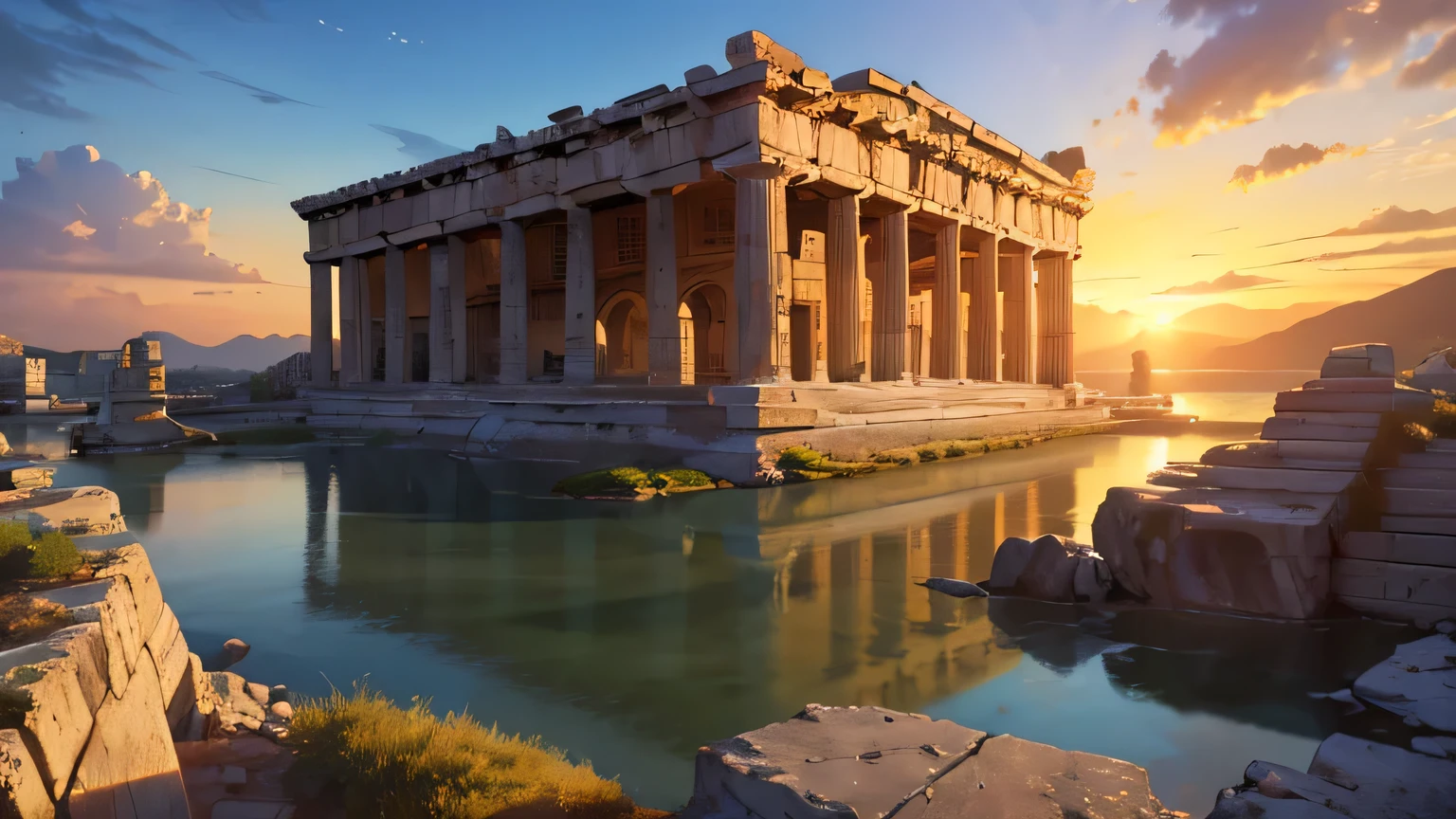 (best quality, 4k, 8k, high resolution, masterpiece: 1.2), ultra detailed, (realistic, photorealistic, photorealistic: 1.37), sunrise sky, ancient Greek architecture, sunrise light, dramatic lighting, chiaroscuro effect, film Composition, 1st century AD