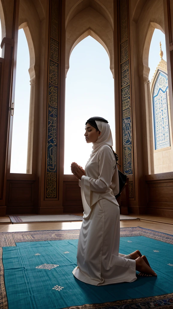 A young Muslim woman kneels on a prayer mat, with her hands raised to the sky and her eyes closed in solemnity. Surrounding it, a serene prayer room with calligraphic decoration and soft light from the windows spills in, creating a spiritual atmosphere. In the background, you can see the silhouette of a majestic mosque with its tower rising high into the blue sky, giving the impression of grandeur and serenity. The expression on his face is full of hope and confidence, capturing a moment of prayer filled with confidence that his prayers will be answered.