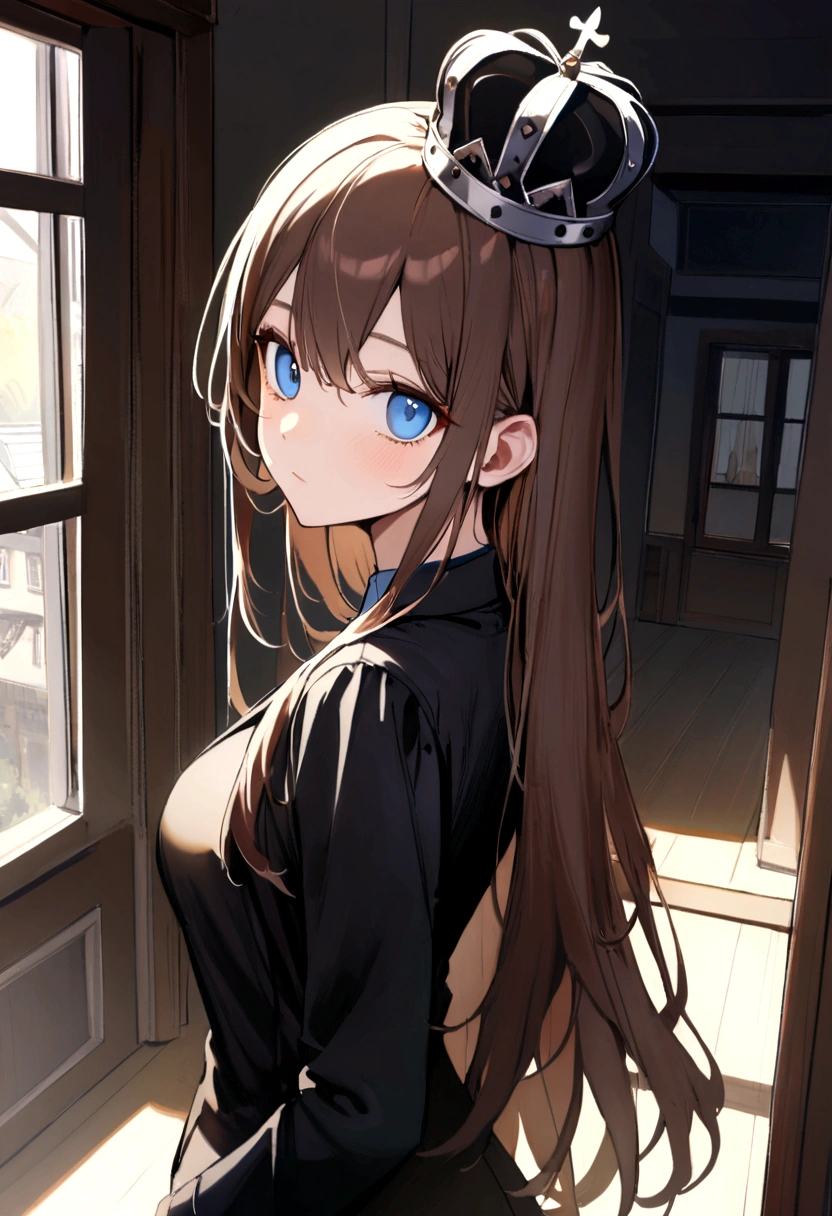 (Highest quality)(1 woman,single,long hair,brown hair,blue eyes,sexy figure ,Black suit shirt,There is a small silver crown on the head.,Turn to look at the viewer,The background of the balcony on the building) look back