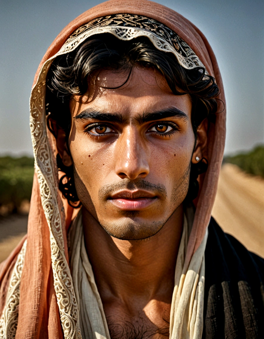 a photorealistic portrait of a stunningly beautiful young man without make-up, extremely detailed light honey eyes, light dark skin, arabic look, detailed symmetric realistic face, natural skin texture, extremely detailed skin with skin pores, peach fuzz, messy black hair, wearing shawl over his head, masterpiece, absurdres, award winning photo by lee jeffries, nikon d850 film stock photograph, kodak portra 400 camera f1.6 lens, extremely detailed, amazing, fine detail, rich colors, hyper realistic lifelike texture, dramatic lighting, unrealengine, trending on artstation, cinestill 800 tungsten, looking at the viewer, photo realistic, RAW photo, TanvirTamim, high quality, highres, sharp focus, extremely detailed, cinematic lighting, 8k uhd