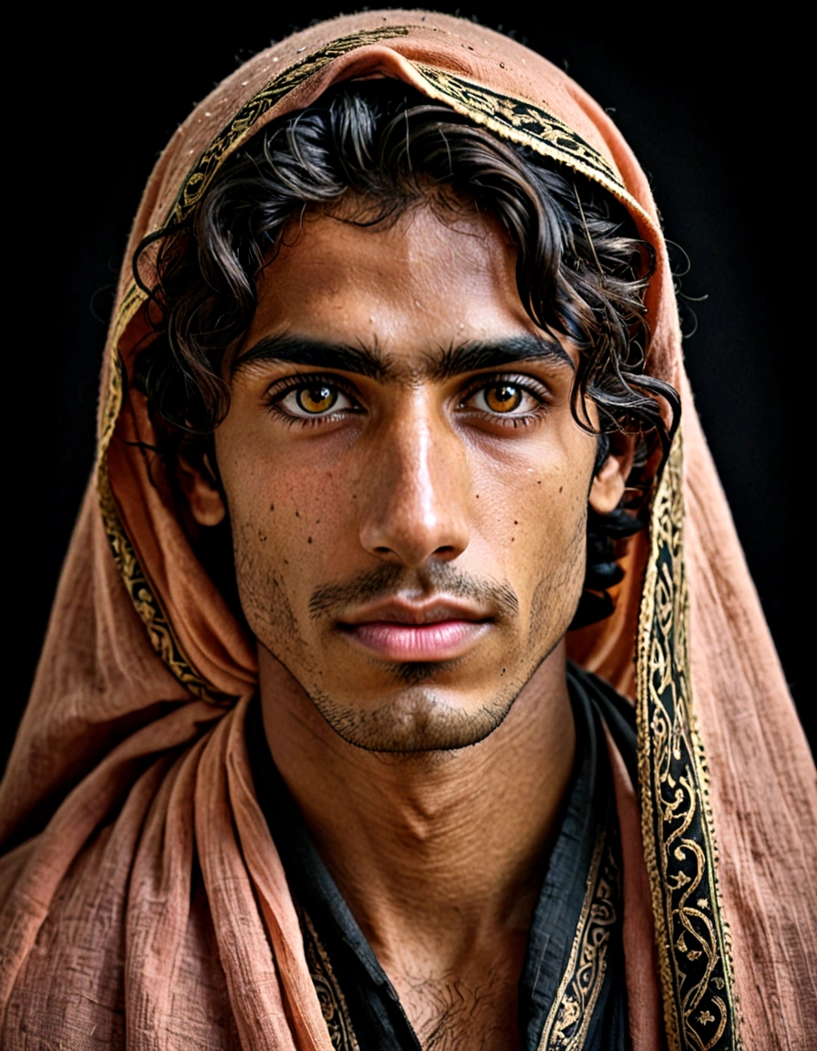 a photorealistic portrait of a stunningly beautiful young man without make-up, extremely detailed light honey eyes, light dark skin, arabic look, detailed symmetric realistic face, natural skin texture, extremely detailed skin with skin pores, peach fuzz, messy black hair, wearing shawl over his head, masterpiece, absurdres, award winning photo by lee jeffries, nikon d850 film stock photograph, kodak portra 400 camera f1.6 lens, extremely detailed, amazing, fine detail, rich colors, hyper realistic lifelike texture, dramatic lighting, unrealengine, trending on artstation, cinestill 800 tungsten, looking at the viewer, photo realistic, RAW photo, TanvirTamim, high quality, highres, sharp focus, extremely detailed, cinematic lighting, 8k uhd