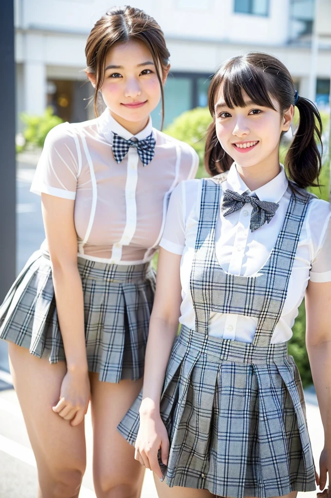 2 girls standing in wooden school classroom,white lace micro bikini,18-year-old,bangs,a little smile,thighs,knees,short hair with low pigtails bunches with plaid ribbon bow,from below,front light