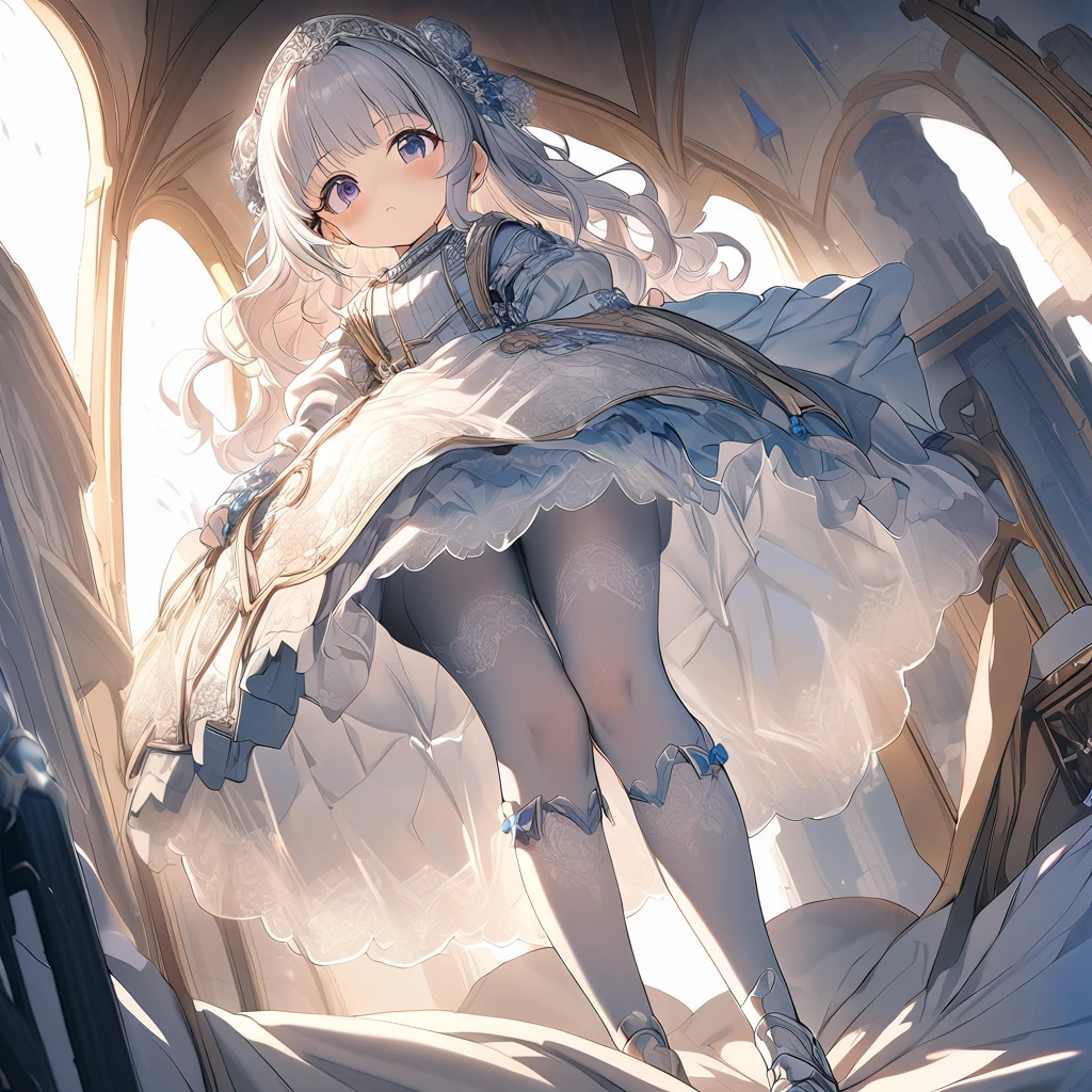 (Highly detailed CG Octane render 8k wallpaper), The most beautiful works of art in the world, Full body shot from below, Complex, High detail, 8Year old girl, Gold and silver embroidery, medieval mini dress(With panniers), Translucent fabric, Pull up your skirt, Strong winds, Translucent slip, Grey translucent tights, Peeking from below, Highest quality, Disorder of clothing, Lying down, underwear, Show off your thighs, night, Skirt lining