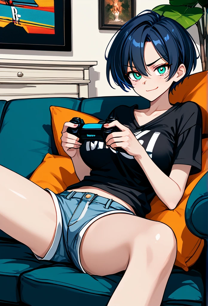 mature woman, tomboy, hot face, excited expression, (sharp eyes), cyan eyes, (short hair, pixie hairstyle, dark blue hair, dark hair), (fit body, mature body), big breast, short pants, hot pants, casual shirt, (living room, normal living room), sitting on the couch, close up view, holding viewer's hand, playful smirk, playful eyes), (holding game controller), side view
