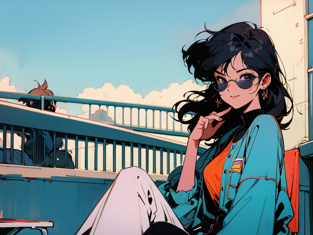 Swedish cityscape、Terrace seats、Cool black hair woman、Break、Wearing sunglasses