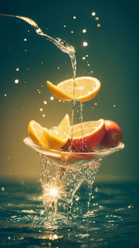 Summer Dream,The faucet washes the fruit in the sink,Dreamy lighting,The scattered water drops float in the air and sparkle in the sun,HD,Details,Best quality