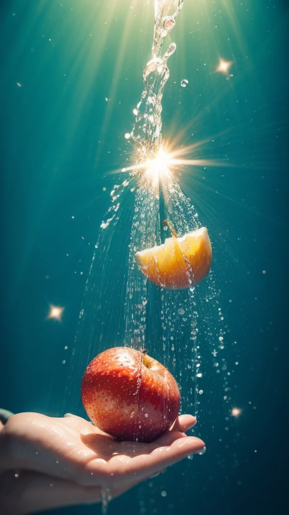 Summer Dream，The faucet washes the fruit in the sink，Dreamy lighting，The scattered water drops float in the air and sparkle in the sun，HD，Details，Best quality