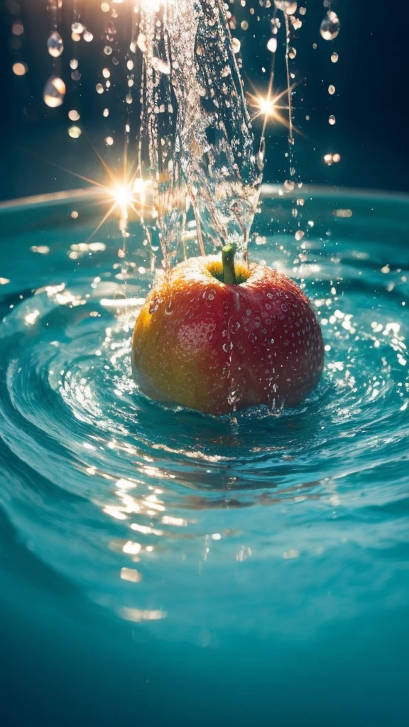 Summer Dream,The faucet washes the fruit in the sink,Dreamy lighting,The scattered water drops float in the air and sparkle in the sun,HD,Details,Best quality