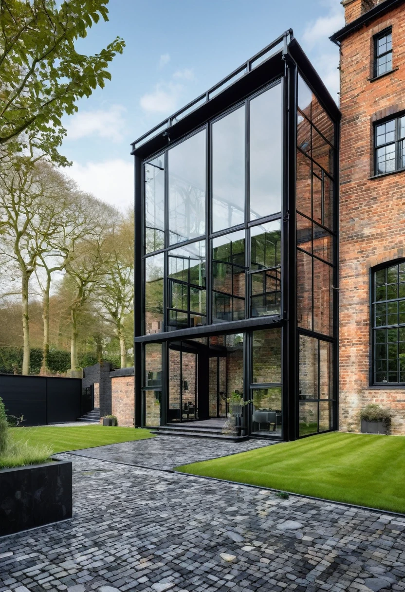 imagine an industrial house with different levels, with a glass wall divided by a massive black iron structure, a wall with English bricks, a black roof with a slope on the left side, grass in front, a stone floor up to the black main entrance door. Houses next door, Olmo trees at the entrance to the house