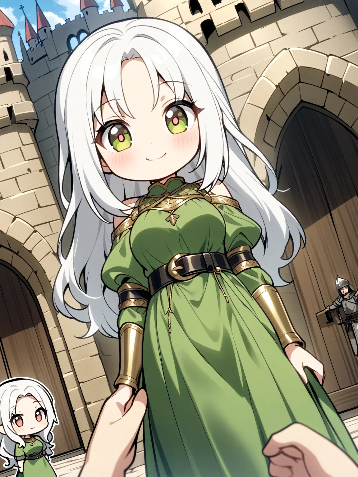 {{upper body, dutch angle}} {{Artist: Kamepan}} 1girl, mature female, white hair, longhair, hazel eyes, medium breasts, smiling green dress, black belt with gold, outdoors, castle entrance, standing, hands on sides, pov, medieval fantasy, chibi